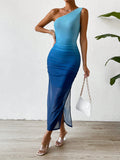  | SHEIN Priv̩ Ombre One Shoulder Ruched Side Split Thigh Mesh Overlay Dress | Dress | Shein | OneHub