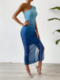  | SHEIN Priv̩ Ombre One Shoulder Ruched Side Split Thigh Mesh Overlay Dress | Dress | Shein | OneHub