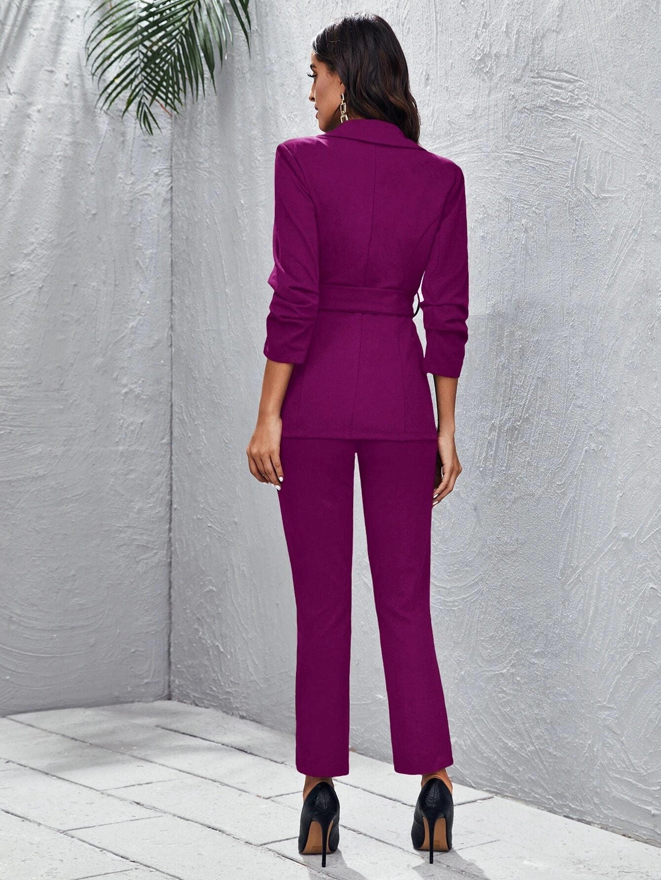  | SHEIN Privé Peak Collar Buckle Belted Blazer and Split Hem Pants Set | Blazer | Shein | OneHub