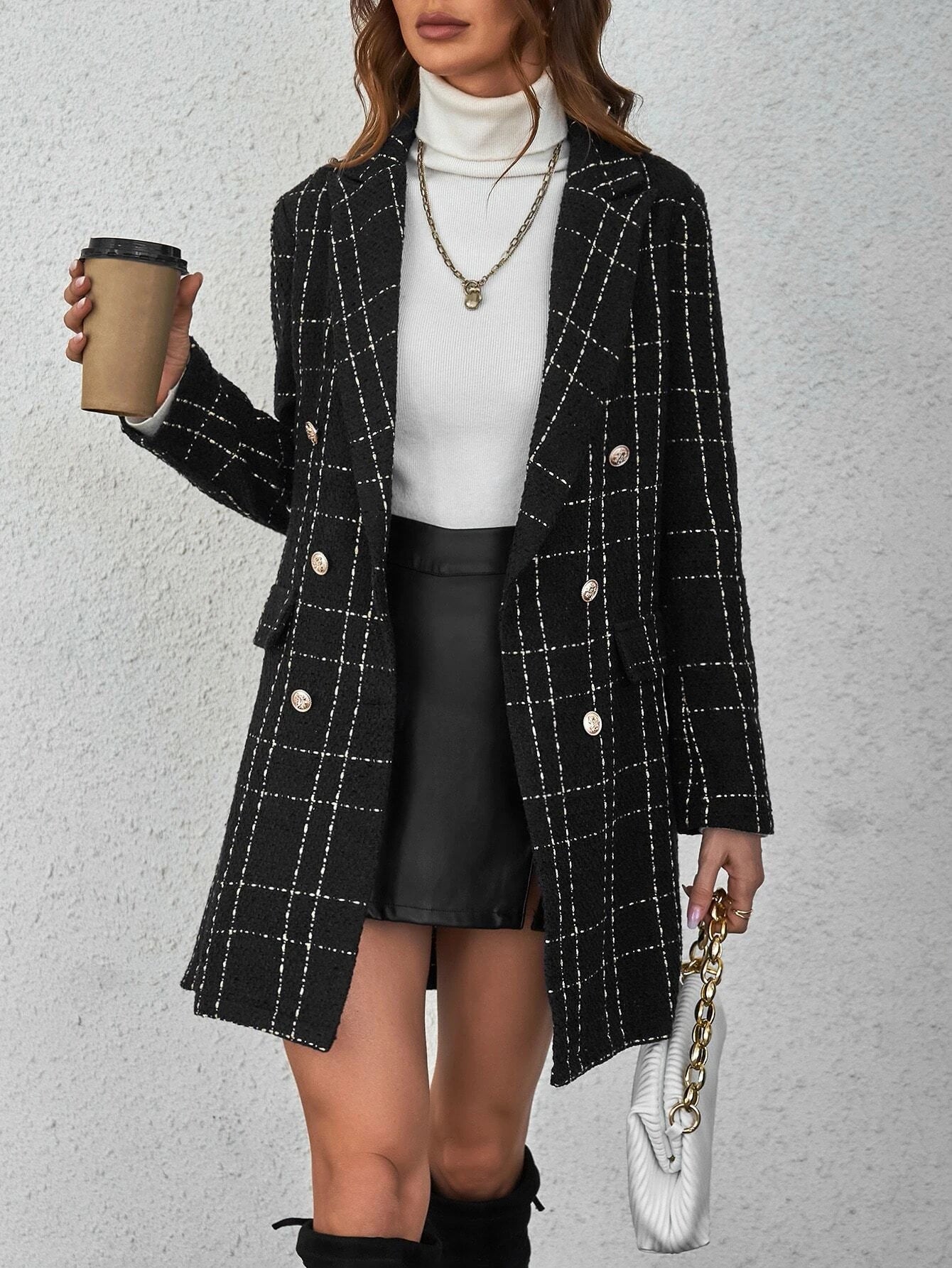  | SHEIN Privé Plaid Double Breasted Overcoat,Ladies Late Fall Elegant Double Button Regular Sleeve Lapel Regular Fit Black Plaid Women Overcoats | Blazer | Shein | OneHub