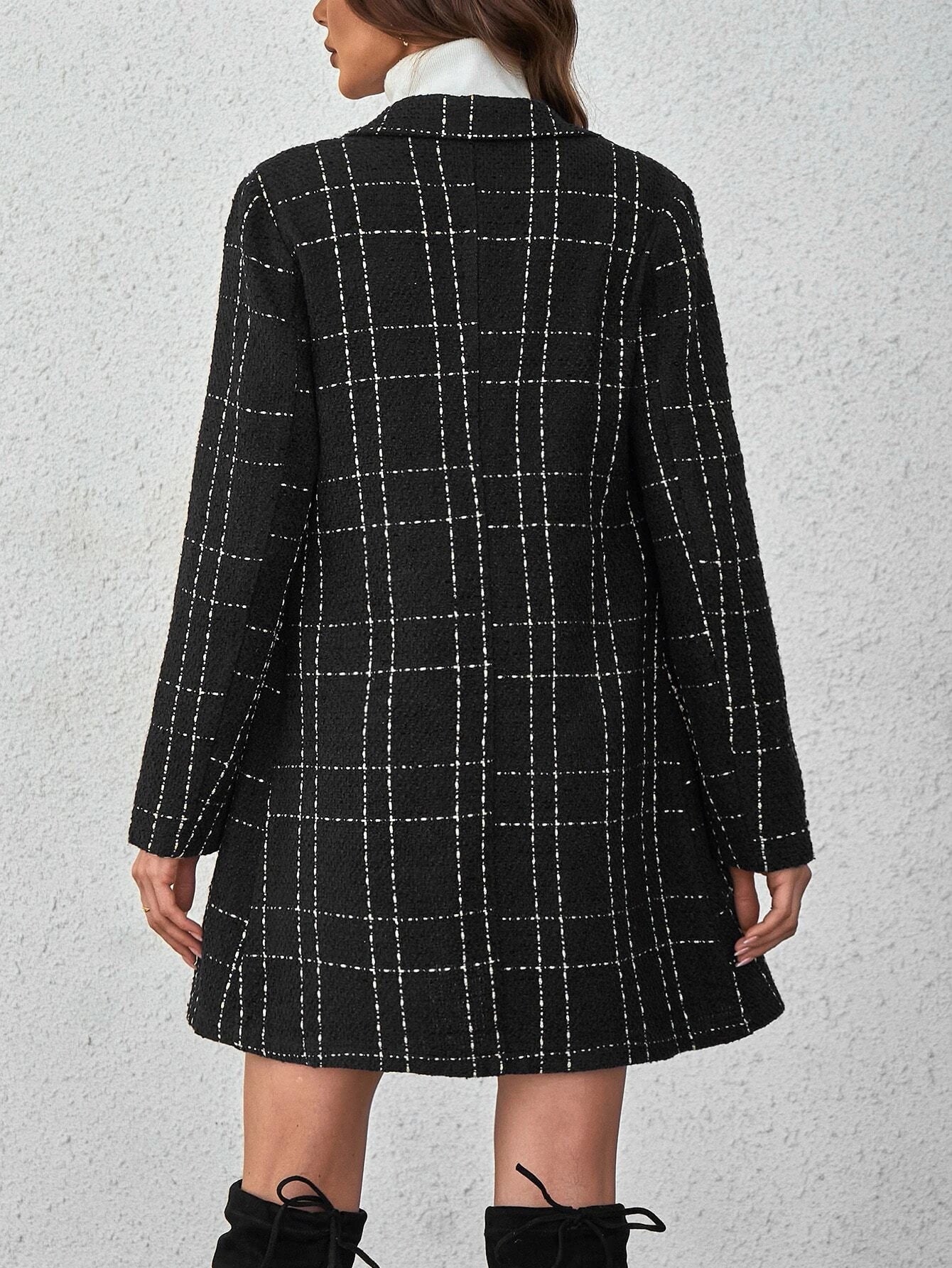  | SHEIN Privé Plaid Double Breasted Overcoat,Ladies Late Fall Elegant Double Button Regular Sleeve Lapel Regular Fit Black Plaid Women Overcoats | Blazer | Shein | OneHub