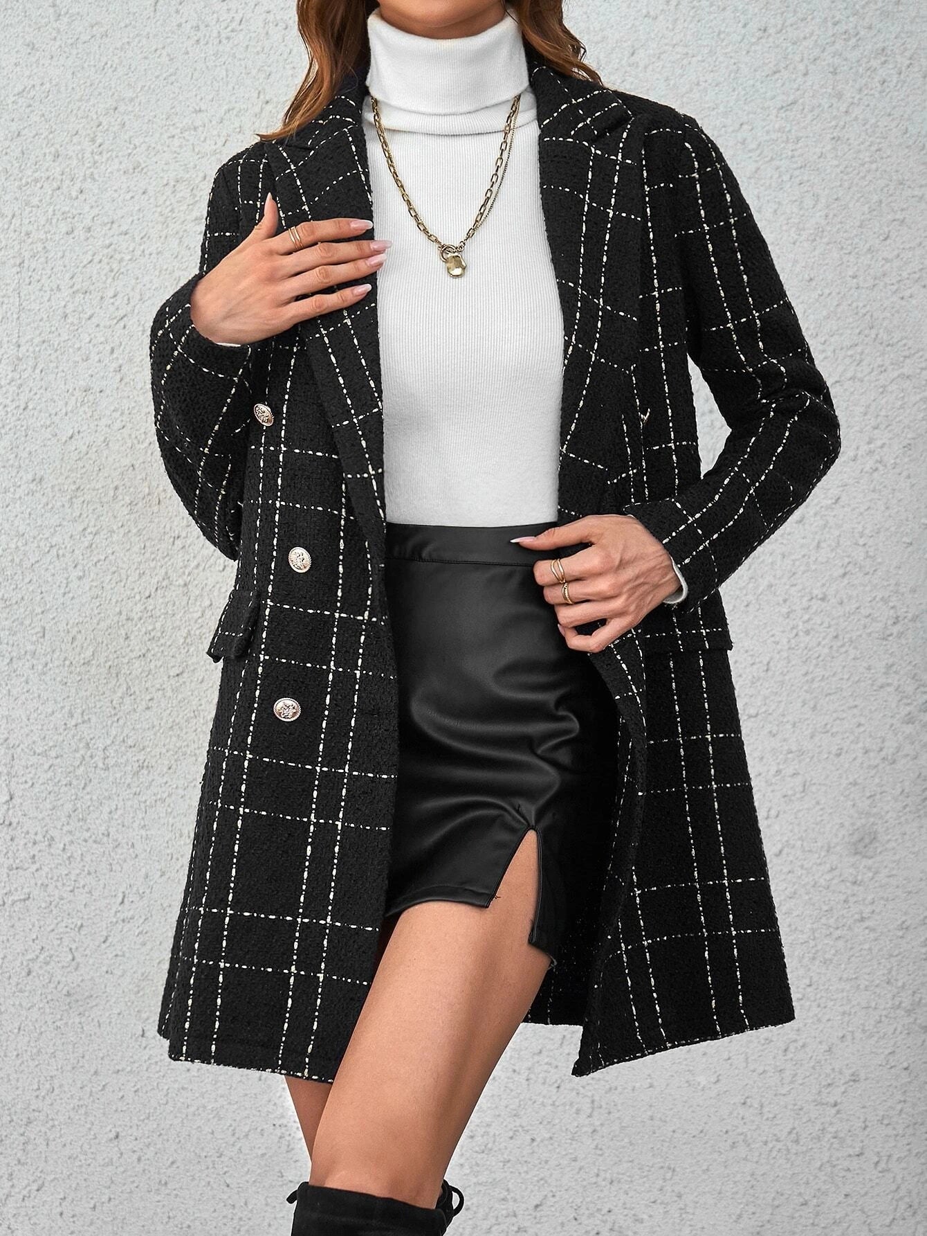  | SHEIN Privé Plaid Double Breasted Overcoat,Ladies Late Fall Elegant Double Button Regular Sleeve Lapel Regular Fit Black Plaid Women Overcoats | Blazer | Shein | OneHub