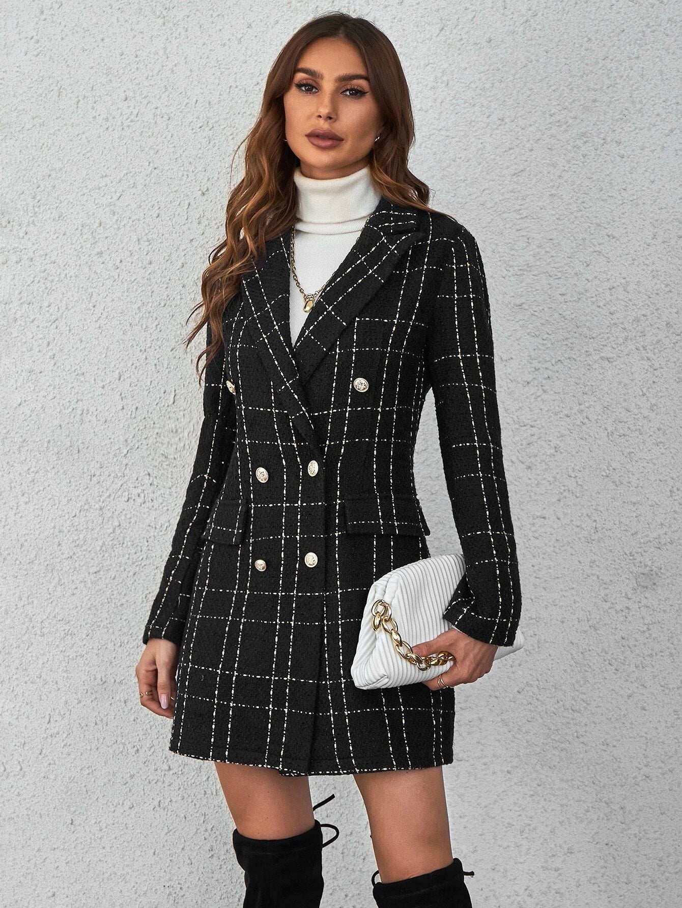  | SHEIN Privé Plaid Double Breasted Overcoat,Ladies Late Fall Elegant Double Button Regular Sleeve Lapel Regular Fit Black Plaid Women Overcoats | Blazer | Shein | OneHub