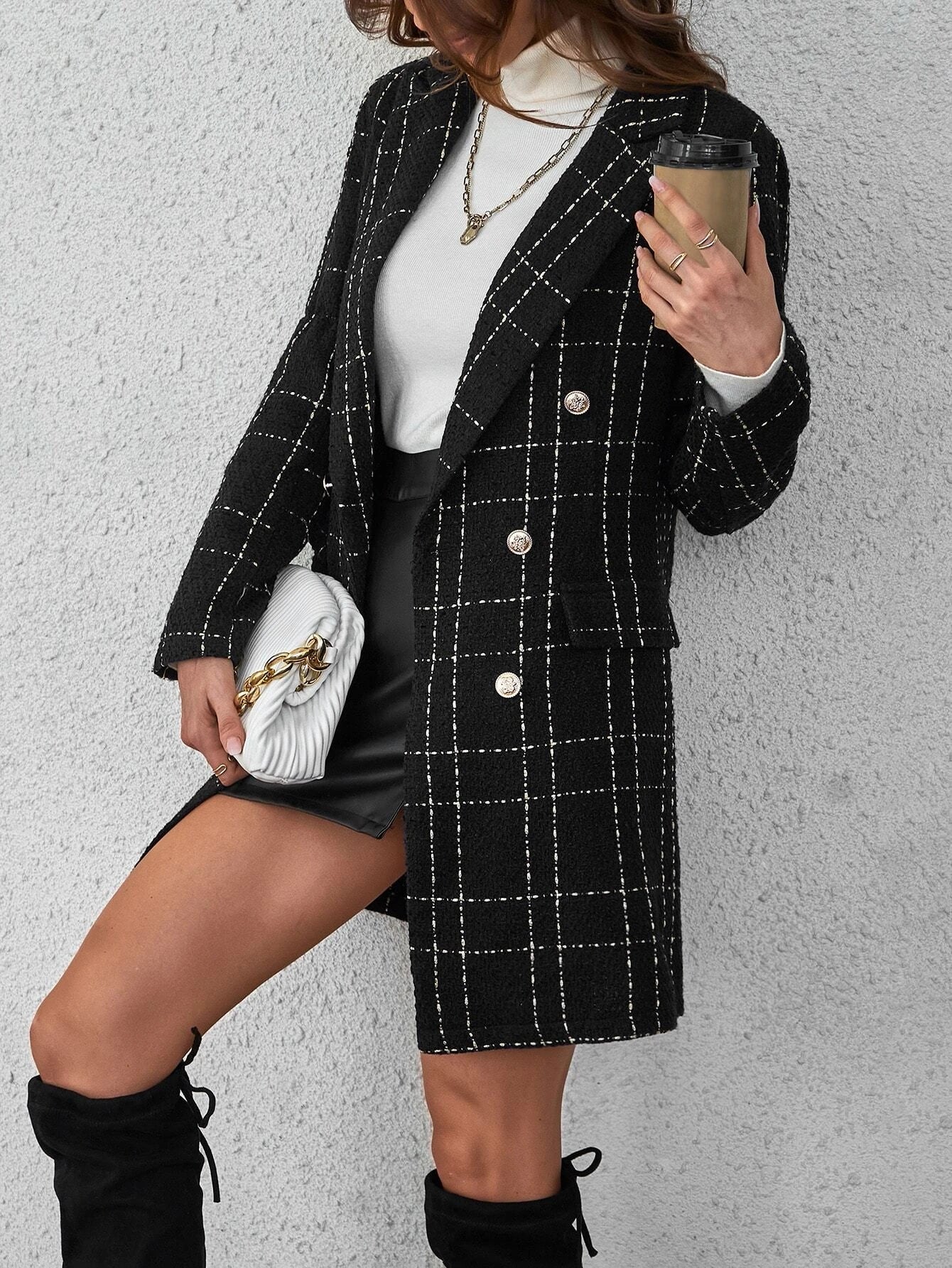  | SHEIN Privé Plaid Double Breasted Overcoat,Ladies Late Fall Elegant Double Button Regular Sleeve Lapel Regular Fit Black Plaid Women Overcoats | Blazer | Shein | OneHub