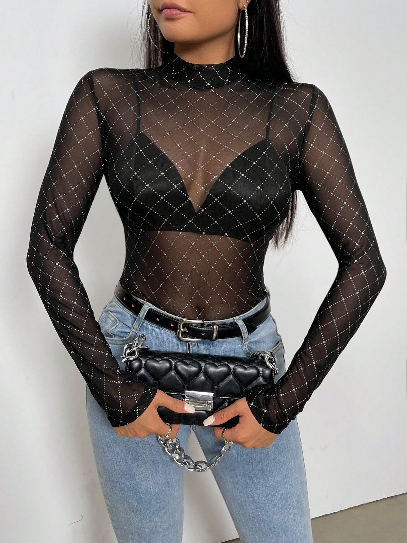  | SHEIN Priv̩ Semi-high Neck See-through Mesh Top | Top | Shein | OneHub
