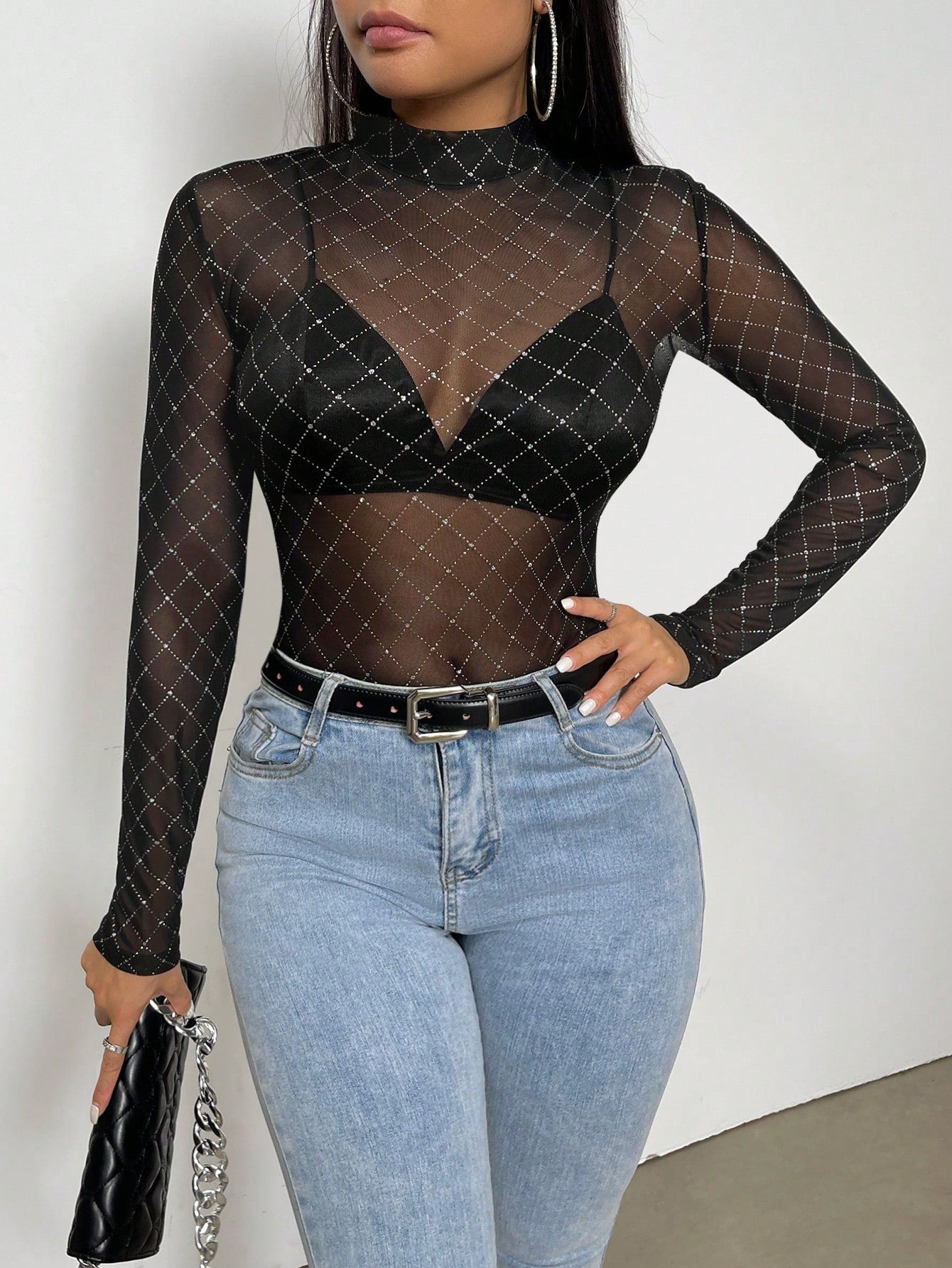  | SHEIN Priv̩ Semi-high Neck See-through Mesh Top | Top | Shein | OneHub