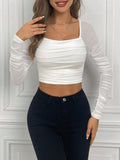  | SHEIN Privé Square Neck Ruched Mesh White Crop Women Top | Top | Shein | OneHub