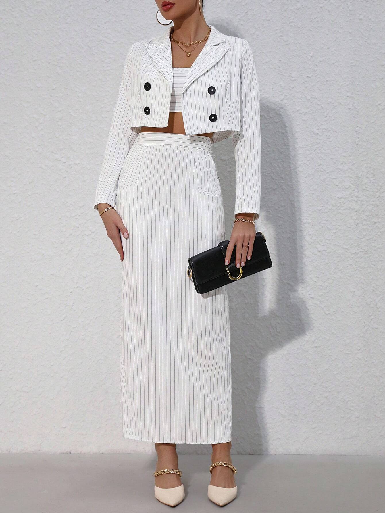  | SHEIN Privé Striped Short Lapel Suit Jacket And Strapless Top And Split Hem Skirt Set | Top and Pant Set | Shein | OneHub