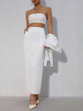  | SHEIN Privé Striped Short Lapel Suit Jacket And Strapless Top And Split Hem Skirt Set | Top and Pant Set | Shein | OneHub