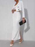  | SHEIN Privé Striped Short Lapel Suit Jacket And Strapless Top And Split Hem Skirt Set | Top and Pant Set | Shein | OneHub