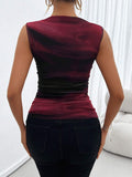 SHEIN Privé Sleeveless Tank Top With Pleats And Random Floral Pattern