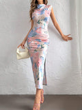  | SHEIN Privé Women Watercolor Floral Print Slim-Fit Knitted Pleated Midi Summer D | Dress | Shein | OneHub