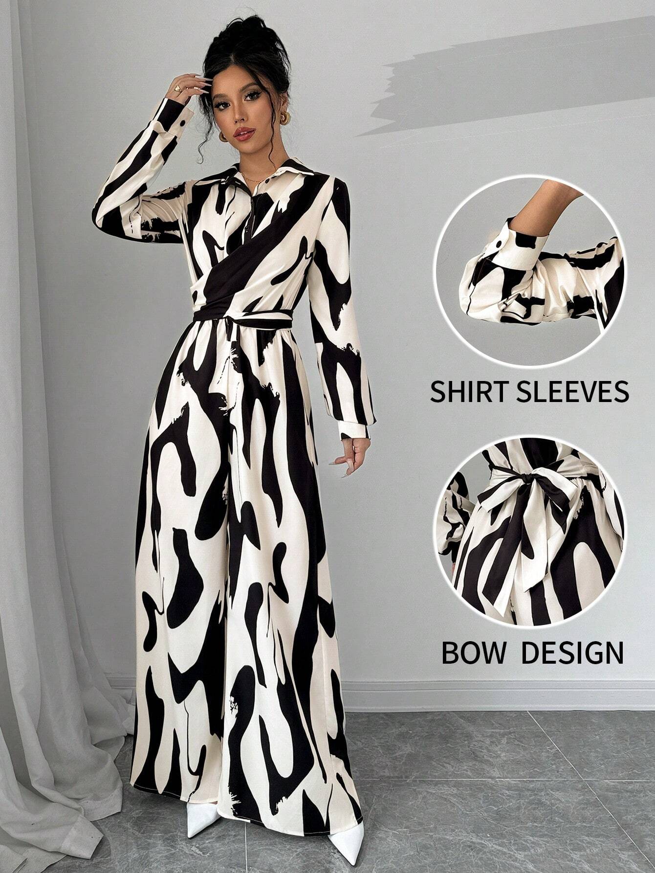  | SHEIN Privé Women's Contrast Color Printed Long Sleeve Tie Front Jumpsuit | Dress | Shein | OneHub