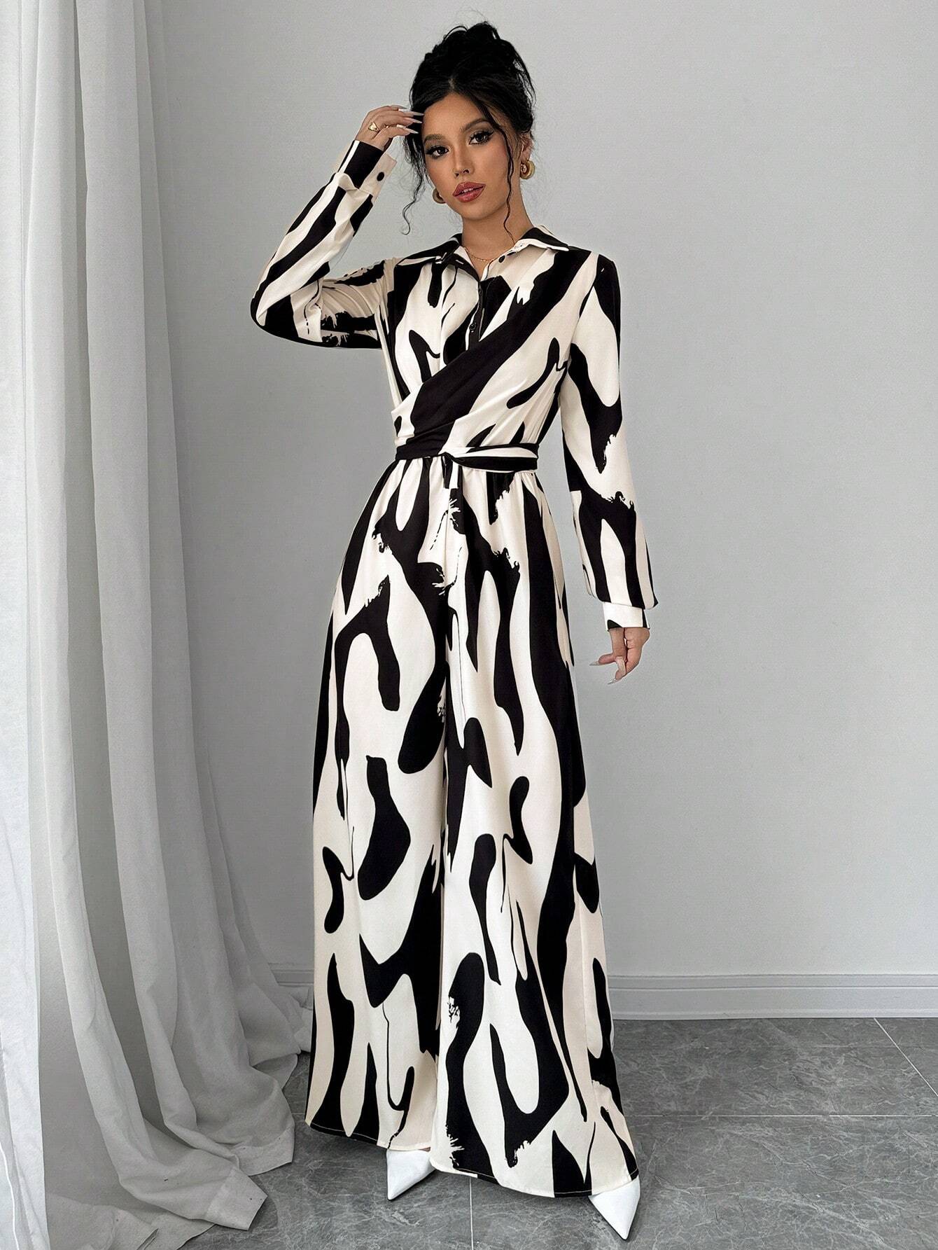  | SHEIN Privé Women's Contrast Color Printed Long Sleeve Tie Front Jumpsuit | Dress | Shein | OneHub