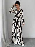  | SHEIN Privé Women's Contrast Color Printed Long Sleeve Tie Front Jumpsuit | Dress | Shein | OneHub