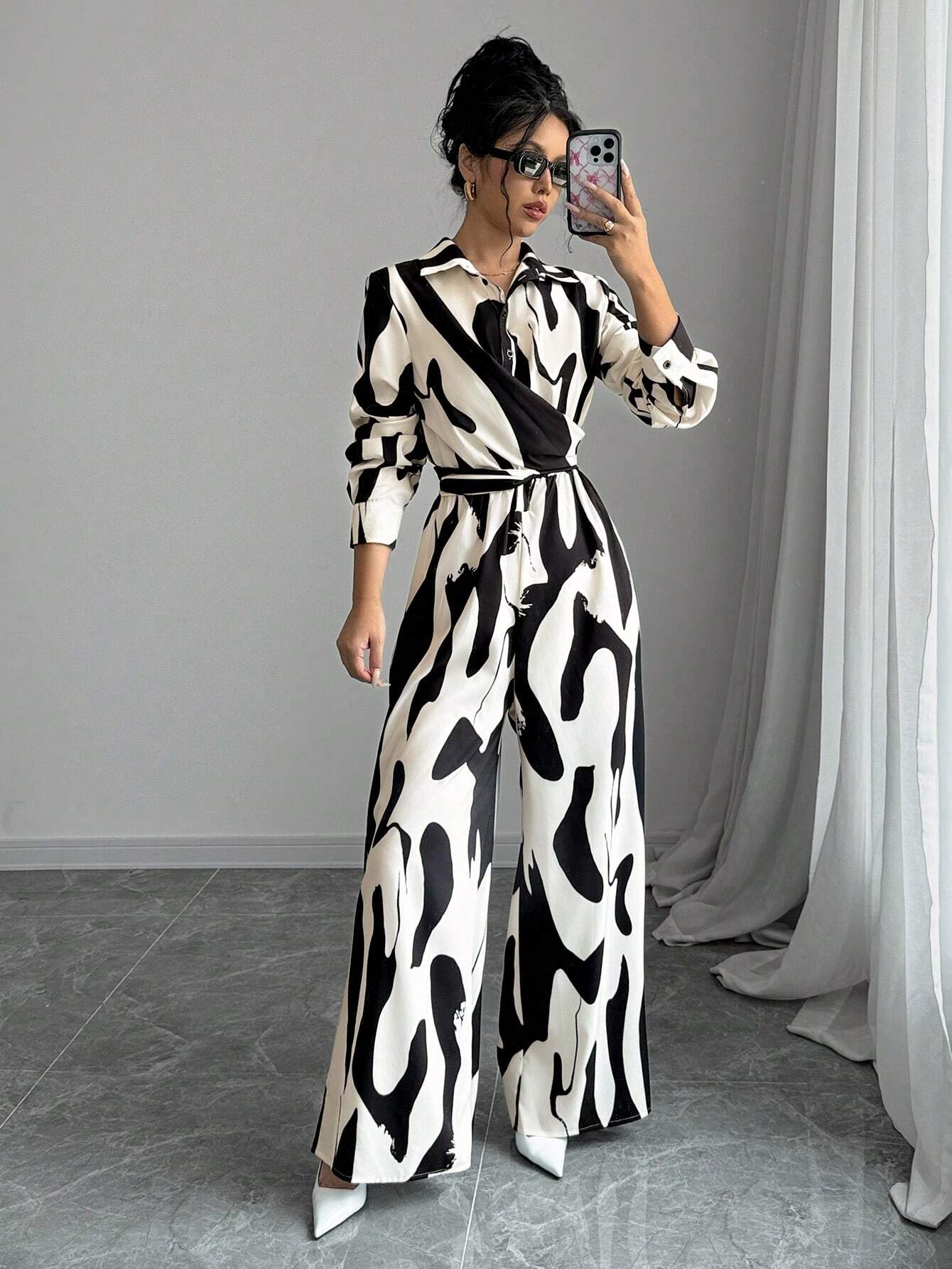  | SHEIN Privé Women's Contrast Color Printed Long Sleeve Tie Front Jumpsuit | Dress | Shein | OneHub