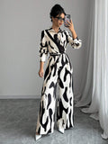  | SHEIN Privé Women's Contrast Color Printed Long Sleeve Tie Front Jumpsuit | Dress | Shein | OneHub