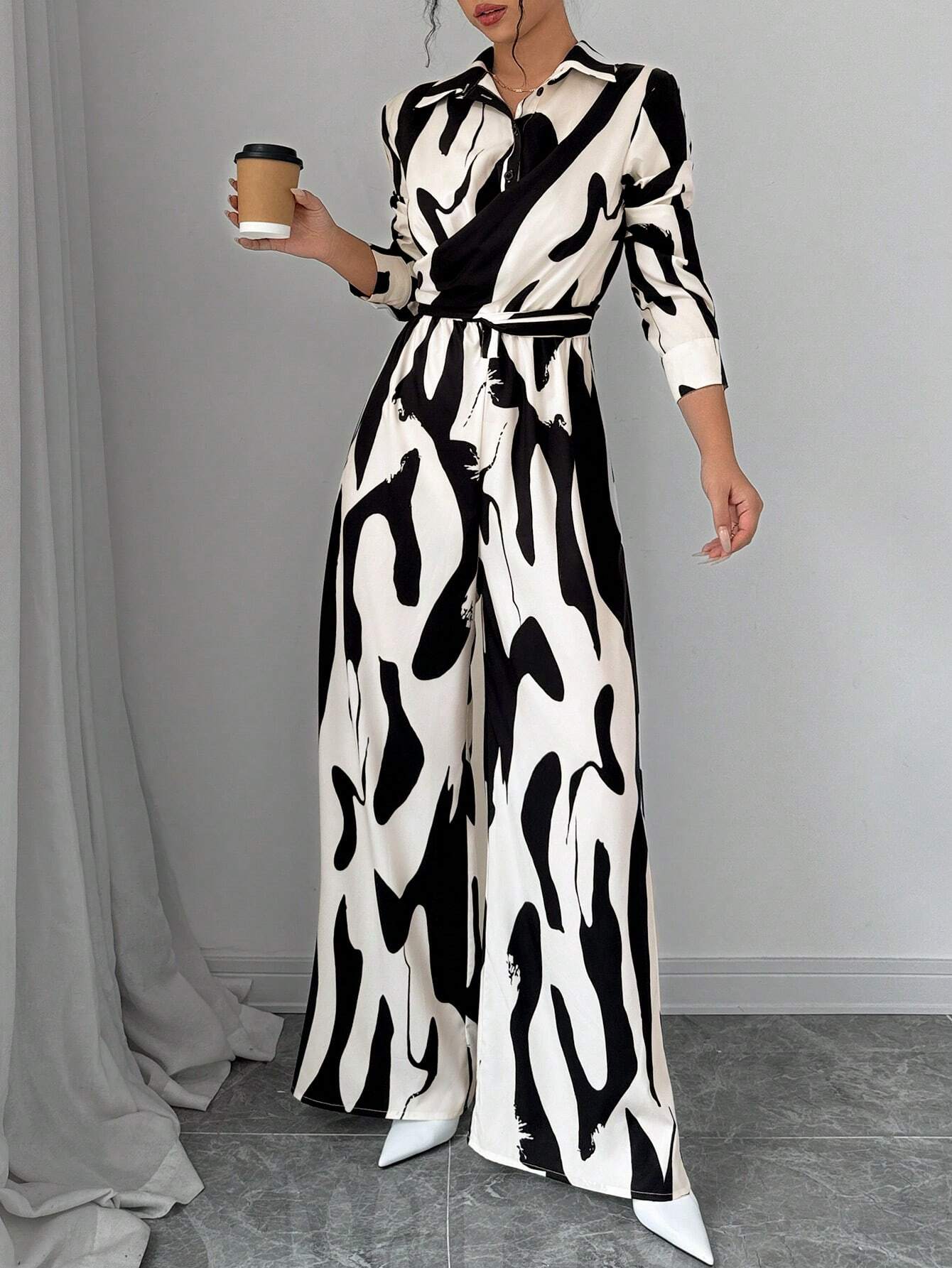  | SHEIN Privé Women's Contrast Color Printed Long Sleeve Tie Front Jumpsuit | Dress | Shein | OneHub