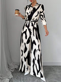  | SHEIN Privé Women's Contrast Color Printed Long Sleeve Tie Front Jumpsuit | Dress | Shein | OneHub