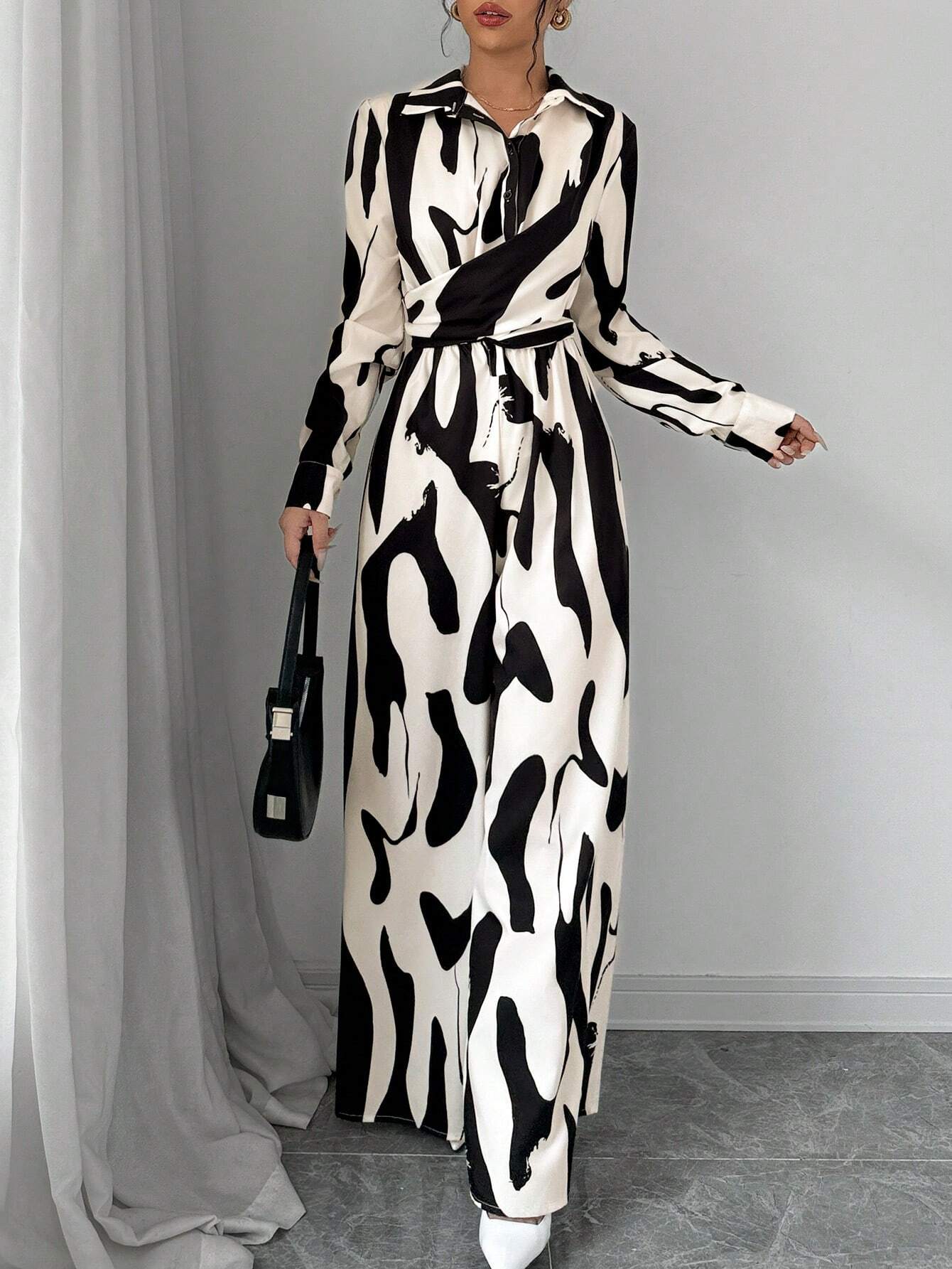  | SHEIN Privé Women's Contrast Color Printed Long Sleeve Tie Front Jumpsuit | Dress | Shein | OneHub