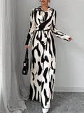  | SHEIN Privé Women's Contrast Color Printed Long Sleeve Tie Front Jumpsuit | Dress | Shein | OneHub