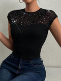 SHEIN Privé Women's Rhinestone Embellished Mesh Splice Short Sleeve Form-Fitting T-Shirt