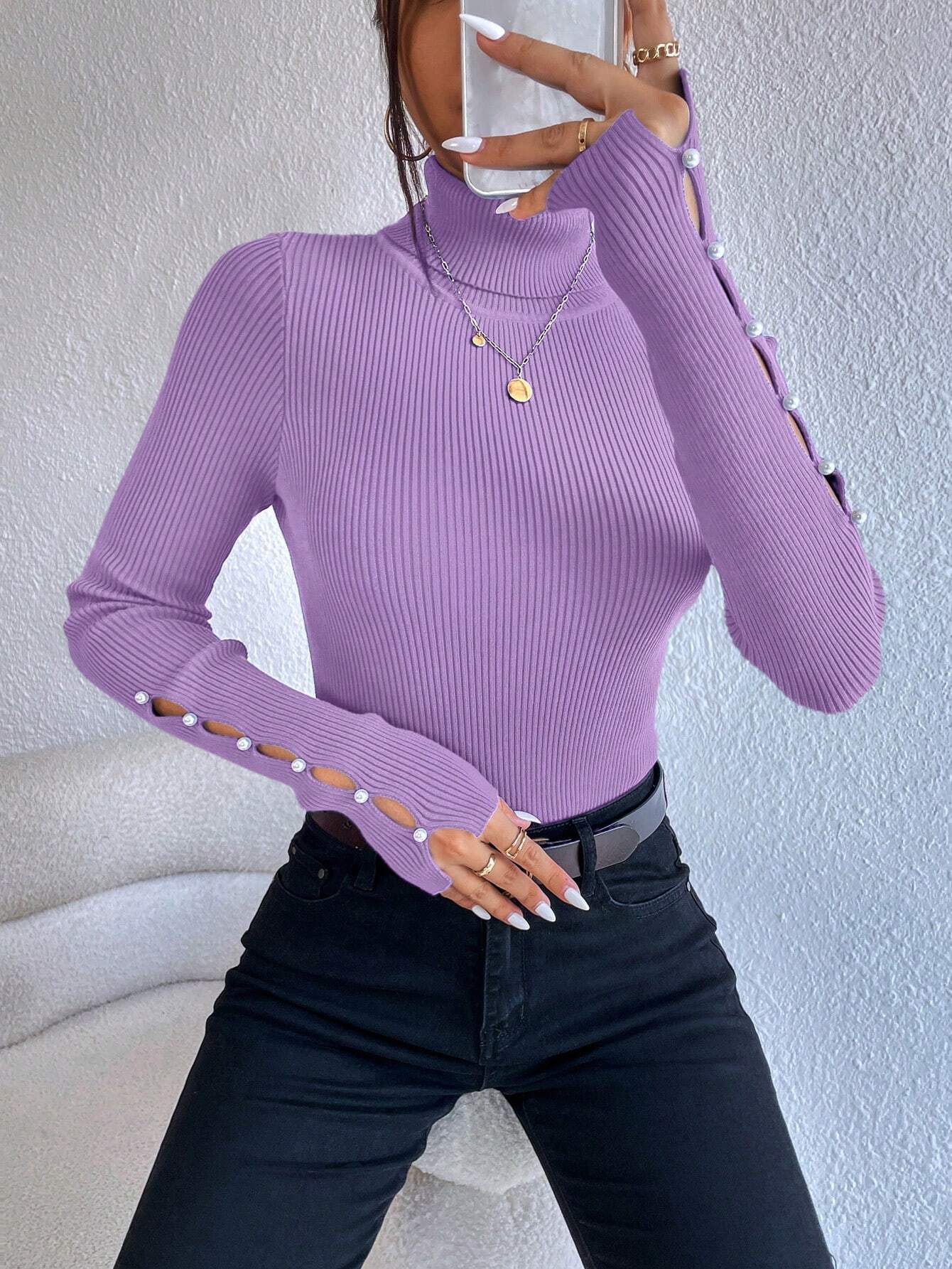  | SHEIN Privé Women's Solid Color Minimalist Turtleneck Pullover Sweater | Sweater | Shein | OneHub