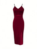  | SHEIN Privé Women's Spaghetti Strap Cross Back Cutout Waist High Slit Bodycon Dress | Dress | Shein | OneHub