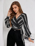 SHEIN Priv̩ Women's Striped Print Raglan Sleeve Crop Tie Front Shirt