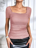  | SHEIN Privé Women's Summer Solid Color Square Neck Asymmetrical Hem Glitter Slim Fit T-Shirt | Top | Shein | OneHub