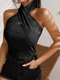  | SHEIN Privé Wrap Cross Backless Halterneck Ribbed Knit Top | Top | Shein | OneHub
