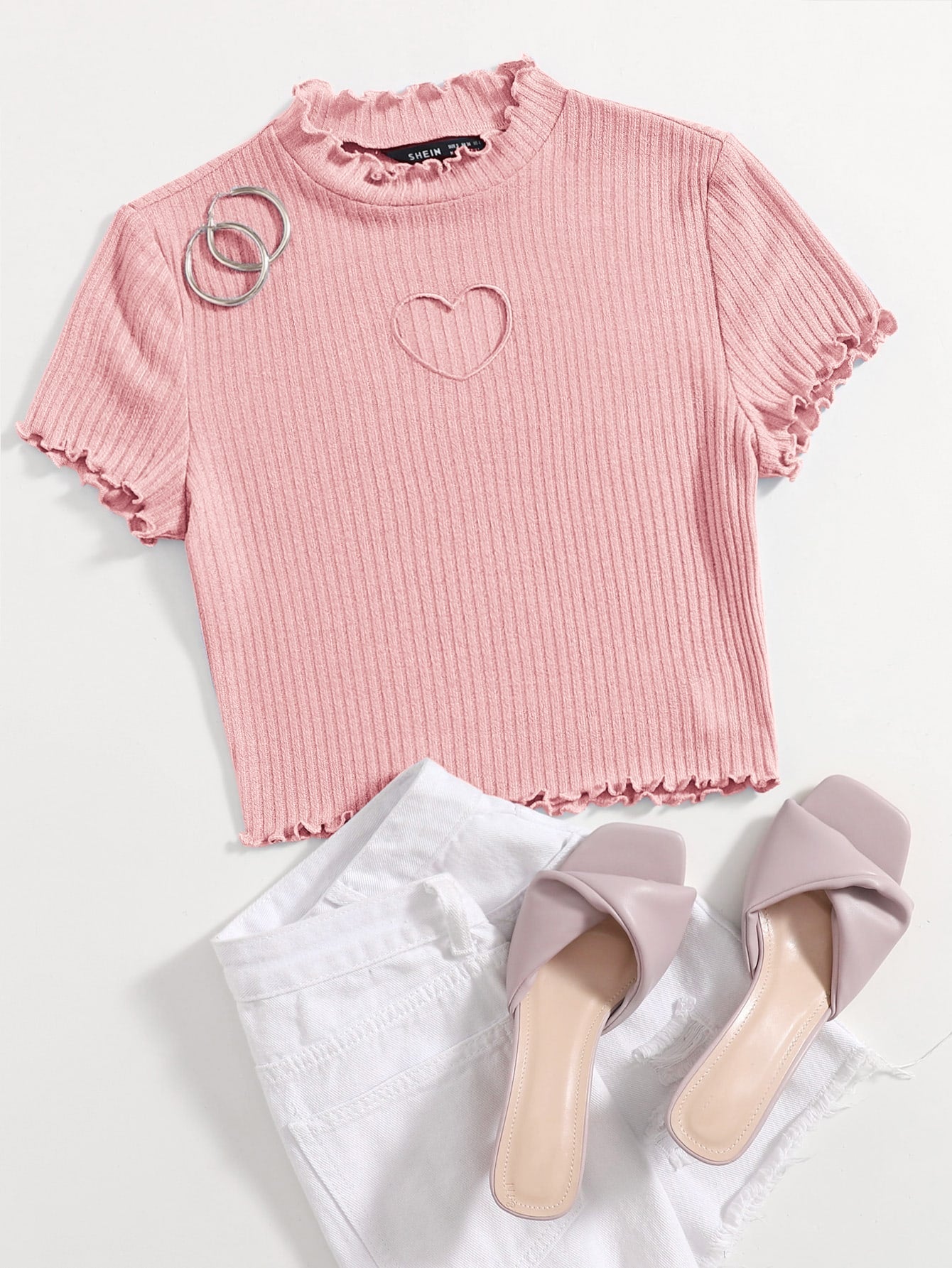  | SHEIN Qutie Heart Cutout Detail Lettuce Trim Tee | Top | Shein | OneHub