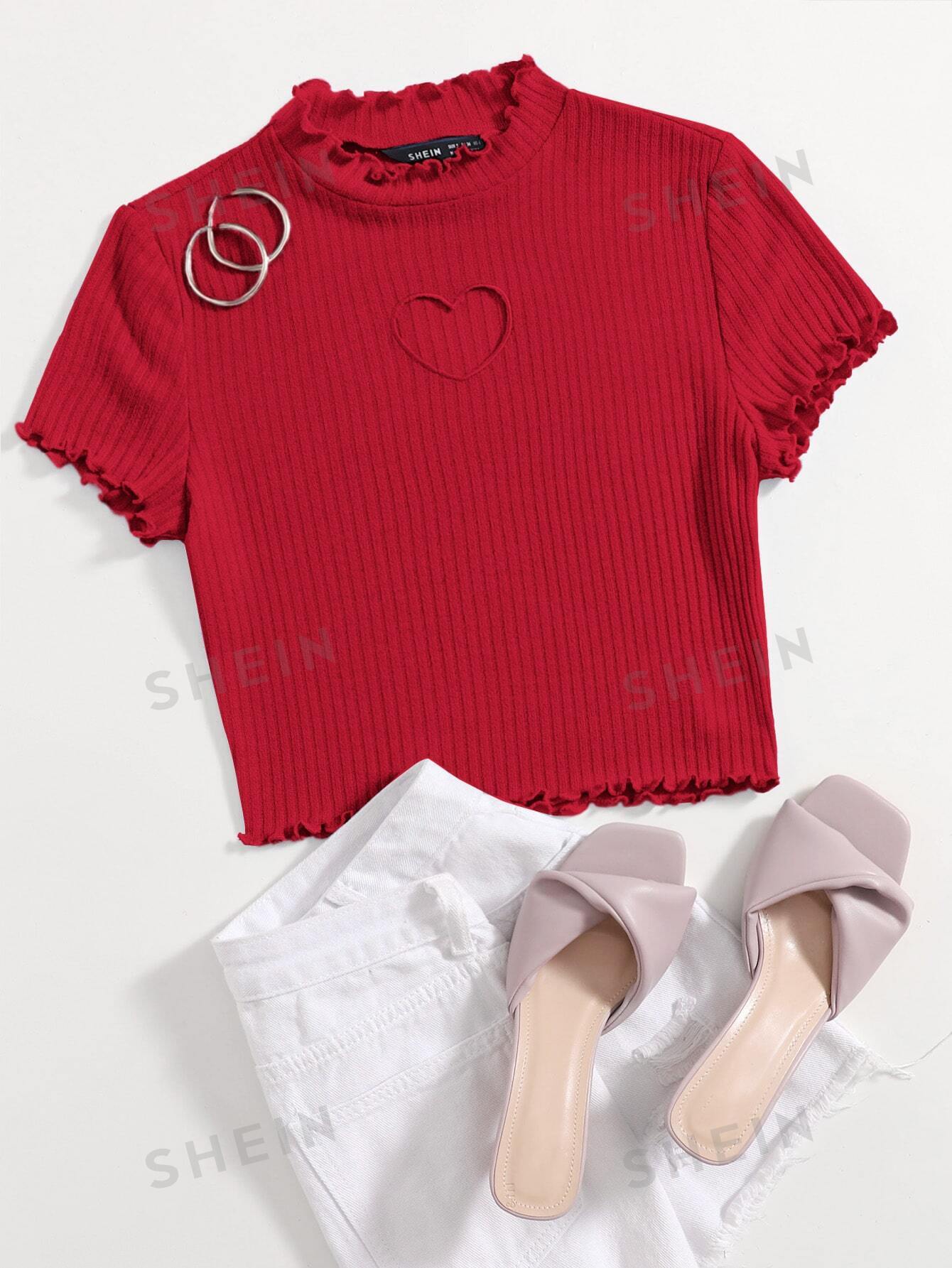  | SHEIN Qutie Heart Cutout Detail Lettuce Trim Wavy Edge Short Sleeves Summer Tee | Top | Shein | OneHub