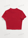 | SHEIN Qutie Heart Cutout Detail Lettuce Trim Wavy Edge Short Sleeves Summer Tee | Top | Shein | OneHub