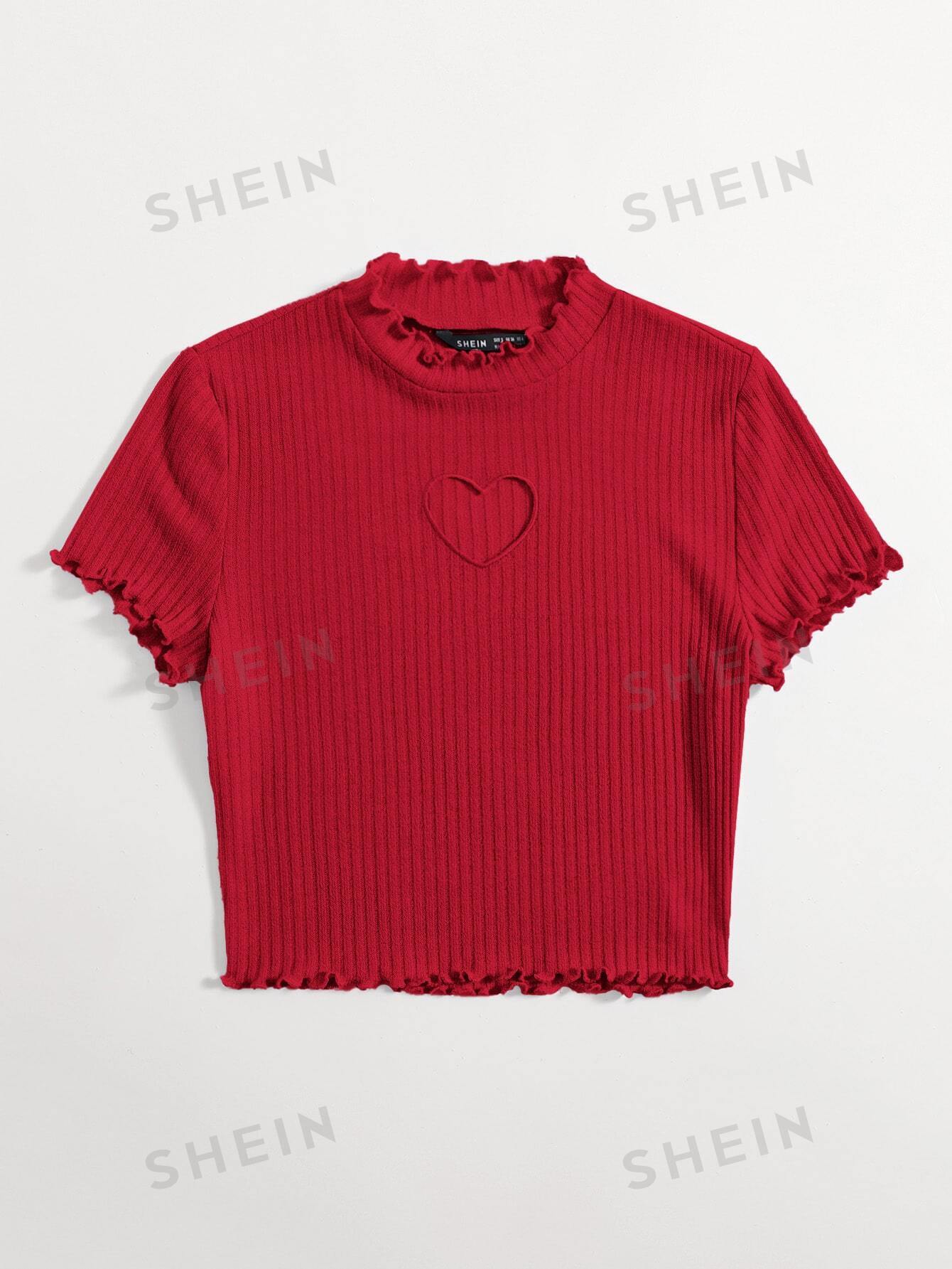  | SHEIN Qutie Heart Cutout Detail Lettuce Trim Wavy Edge Short Sleeves Summer Tee | Top | Shein | OneHub