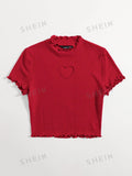  | SHEIN Qutie Heart Cutout Detail Lettuce Trim Wavy Edge Short Sleeves Summer Tee | Top | Shein | OneHub