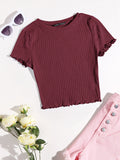  | SHEIN Qutie Solid Lettuce Trim Rib-knit Tee | Top | Shein | OneHub