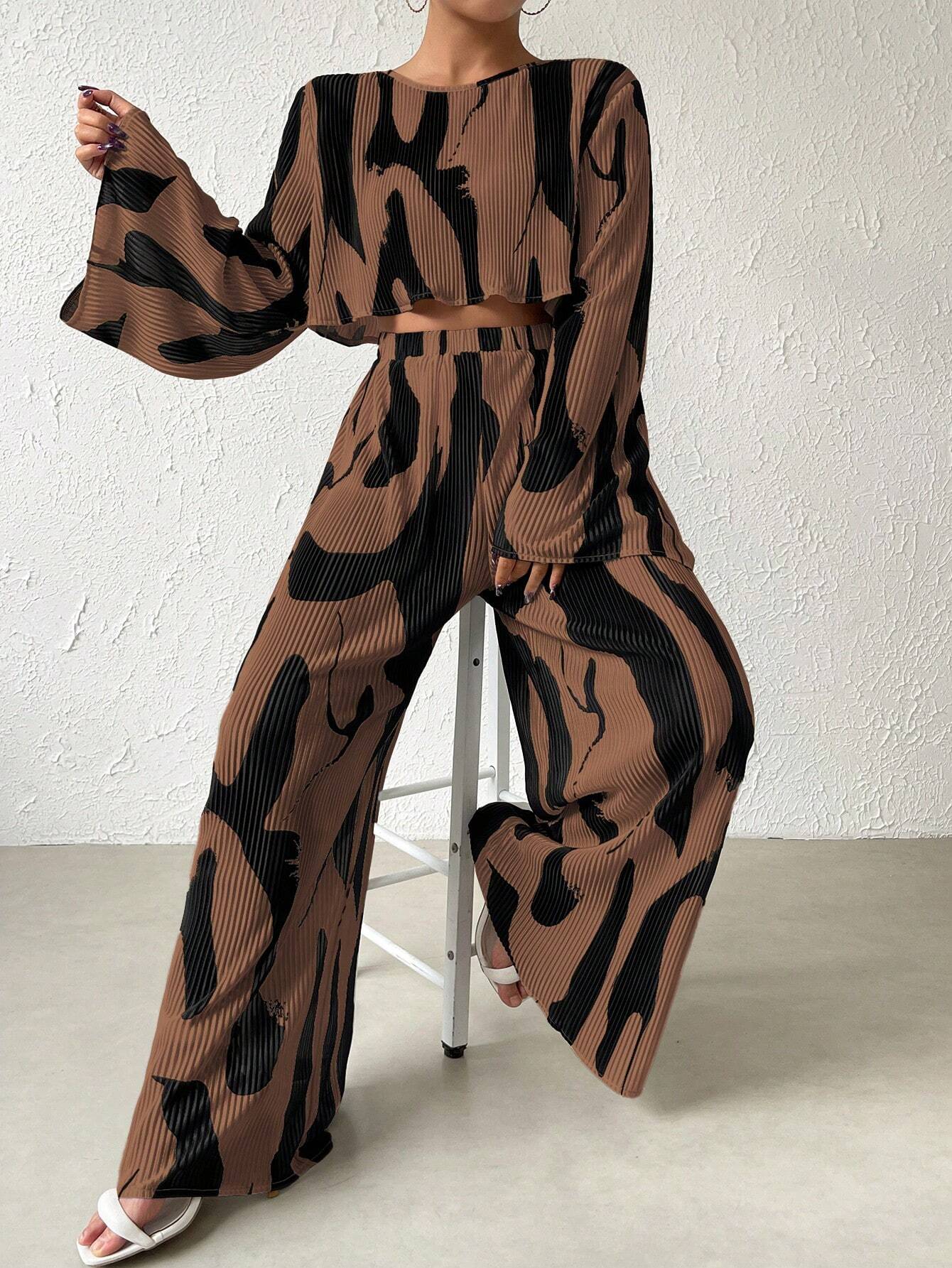  | SHEIN Raffinéa Bell Sleeve Cropped Top And Wide Leg Pants Set | Top and Pant Set | Shein | OneHub