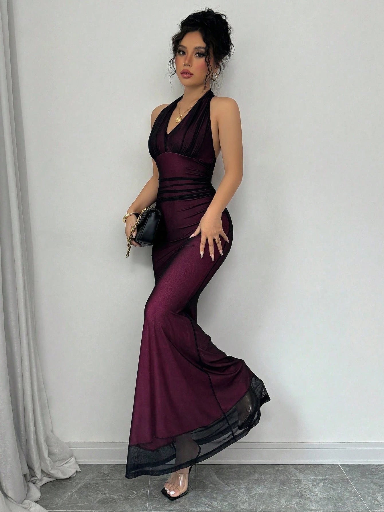  | SHEIN Raffinéa Elegant Figure-Hugging Fish Tail Flounced V-Neck Waist Gathering Pleated Knitted Mesh With Rose Red Lining Dress For Women | Dress | Shein | OneHub