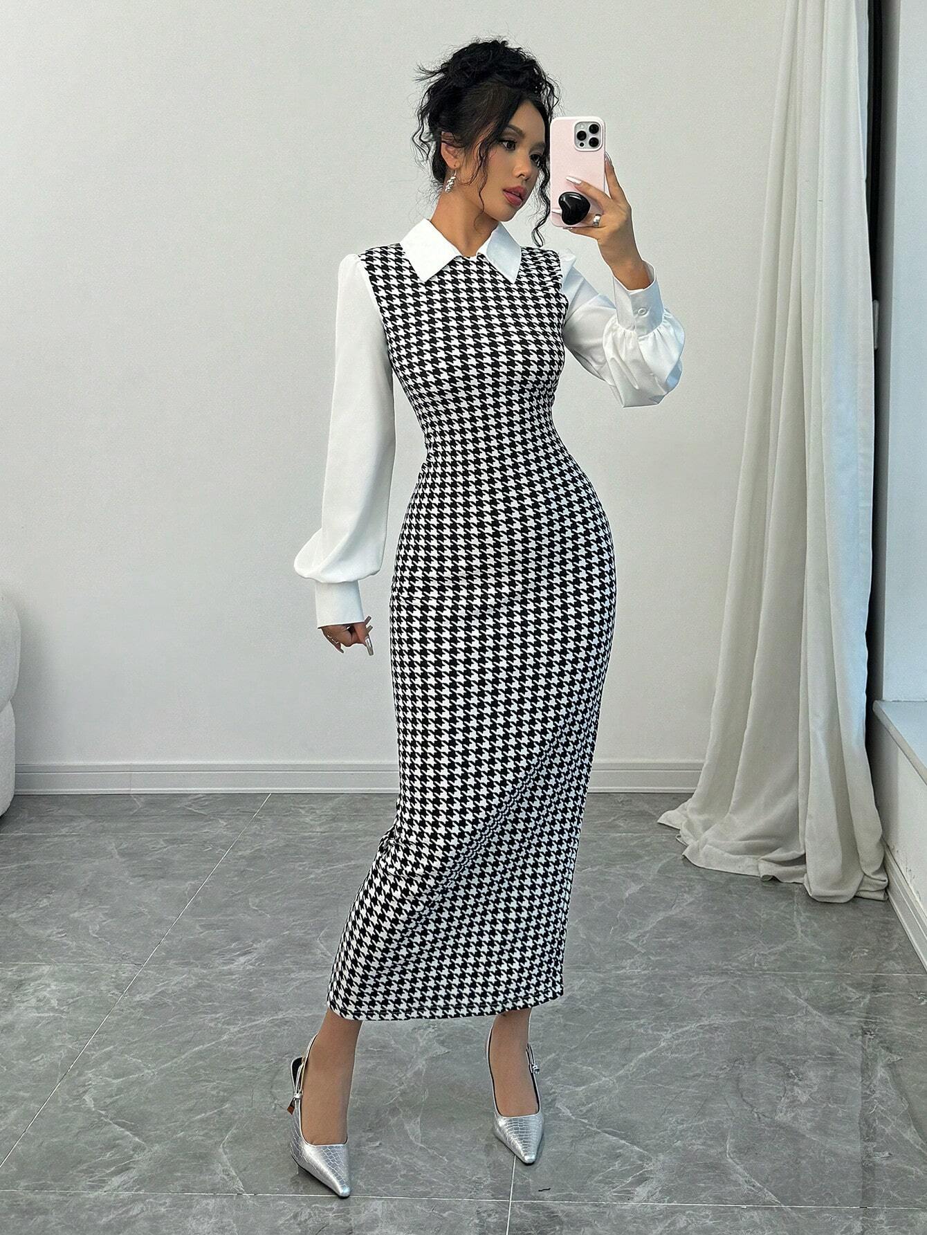  | SHEIN Raffinéa Fashionable Elegant Slim Long Patchwork Puff Sleeve Collar Houndstooth Pattern Fabric Women's Long Dress | Dress | Shein | OneHub