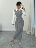  | SHEIN Raffinéa Fashionable Elegant Slim Long Patchwork Puff Sleeve Collar Houndstooth Pattern Fabric Women's Long Dress | Dress | Shein | OneHub