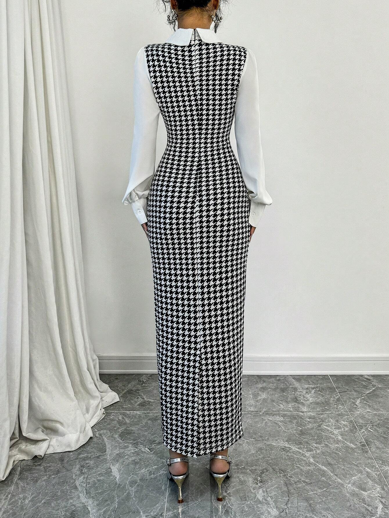  | SHEIN Raffinéa Fashionable Elegant Slim Long Patchwork Puff Sleeve Collar Houndstooth Pattern Fabric Women's Long Dress | Dress | Shein | OneHub