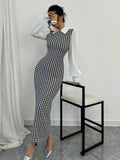  | SHEIN Raffinéa Fashionable Elegant Slim Long Patchwork Puff Sleeve Collar Houndstooth Pattern Fabric Women's Long Dress | Dress | Shein | OneHub