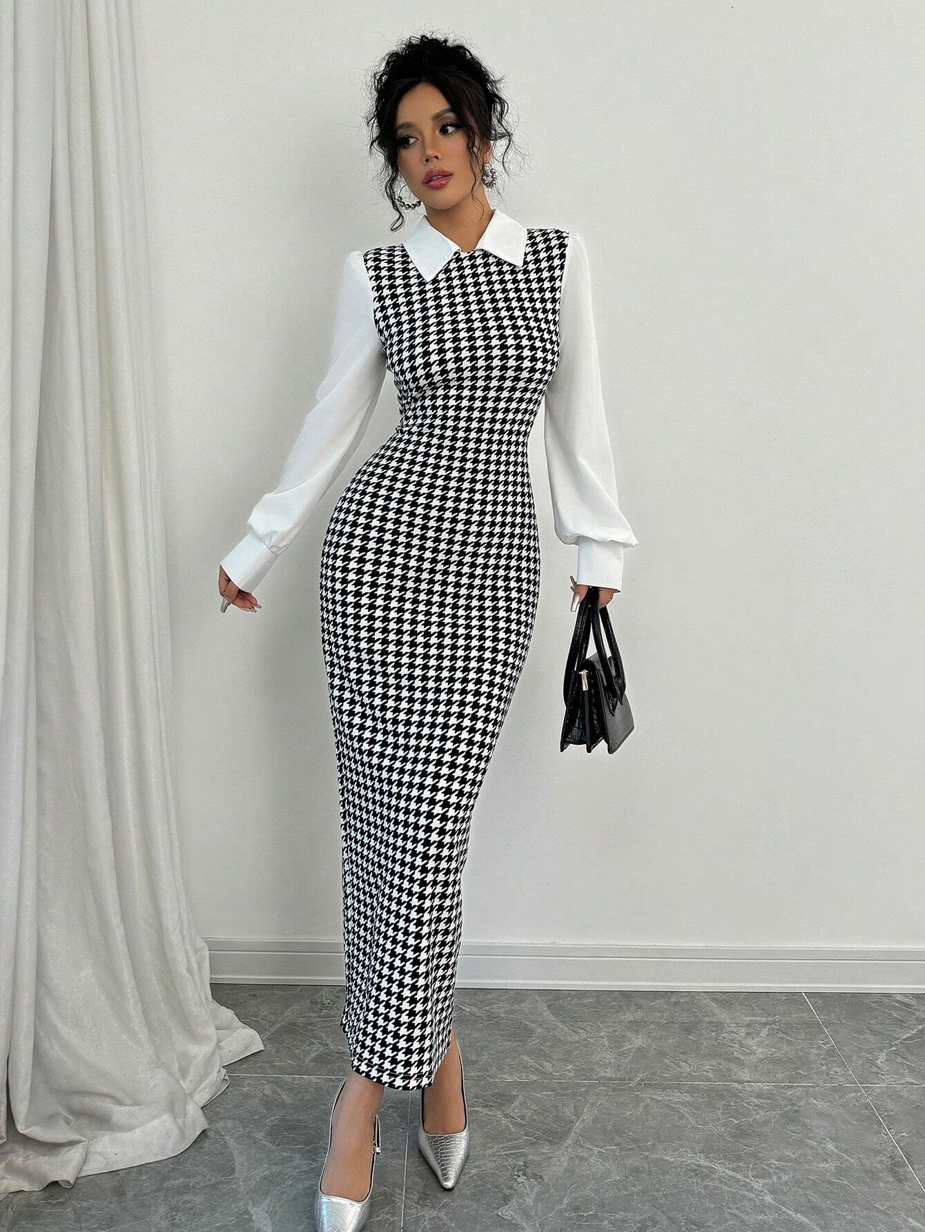  | SHEIN Raffinéa Fashionable Elegant Slim Long Patchwork Puff Sleeve Collar Houndstooth Pattern Fabric Women's Long Dress | Dress | Shein | OneHub