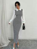  | SHEIN Raffinéa Fashionable Elegant Slim Long Patchwork Puff Sleeve Collar Houndstooth Pattern Fabric Women's Long Dress | Dress | Shein | OneHub