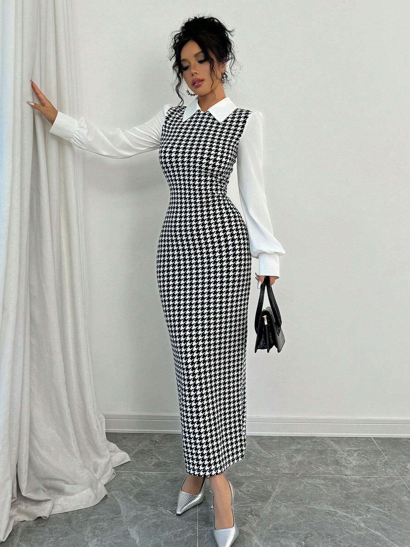  | SHEIN Raffinéa Fashionable Elegant Slim Long Patchwork Puff Sleeve Collar Houndstooth Pattern Fabric Women's Long Dress | Dress | Shein | OneHub