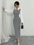  | SHEIN Raffinéa Fashionable Elegant Slim Long Patchwork Puff Sleeve Collar Houndstooth Pattern Fabric Women's Long Dress | Dress | Shein | OneHub