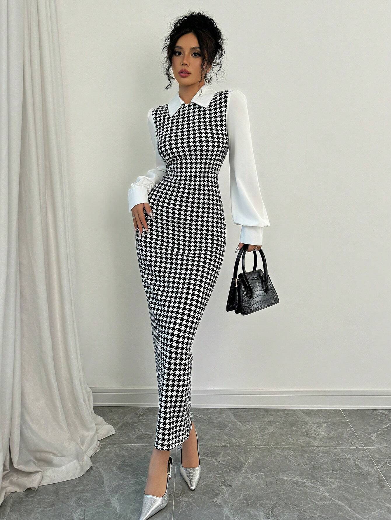  | SHEIN Raffinéa Fashionable Elegant Slim Long Patchwork Puff Sleeve Collar Houndstooth Pattern Fabric Women's Long Dress | Dress | Shein | OneHub
