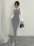  | SHEIN Raffinéa Fashionable Elegant Slim Long Patchwork Puff Sleeve Collar Houndstooth Pattern Fabric Women's Long Dress | Dress | Shein | OneHub