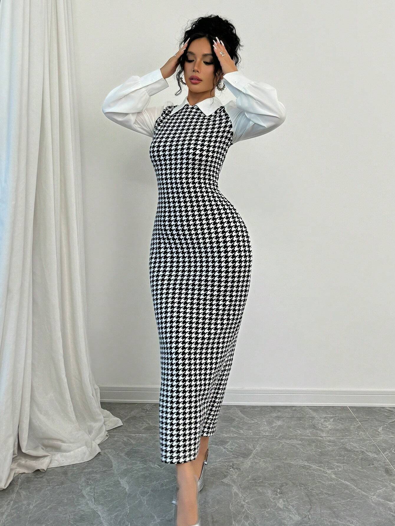  | SHEIN Raffinéa Fashionable Elegant Slim Long Patchwork Puff Sleeve Collar Houndstooth Pattern Fabric Women's Long Dress | Dress | Shein | OneHub